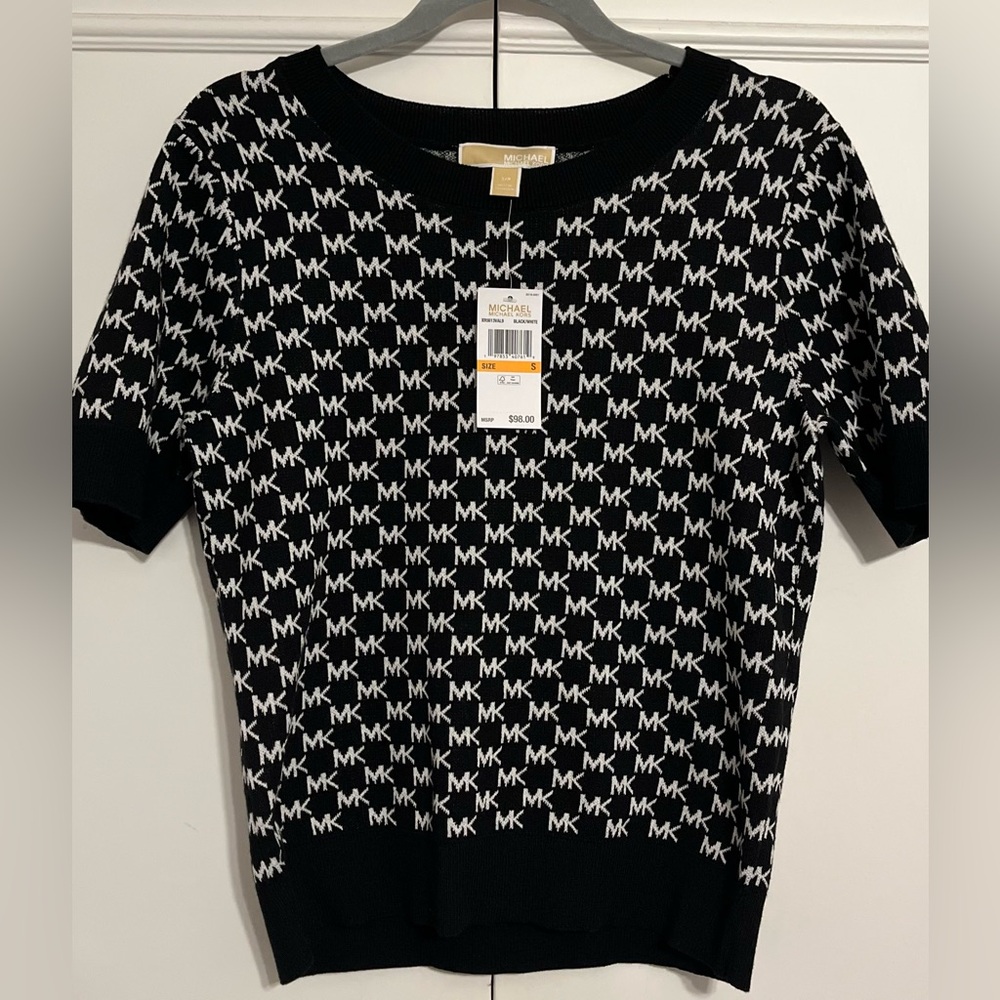 NWT Michael Kors Black/White Signature MK Logo Short Sleeve Sweater Top Size S